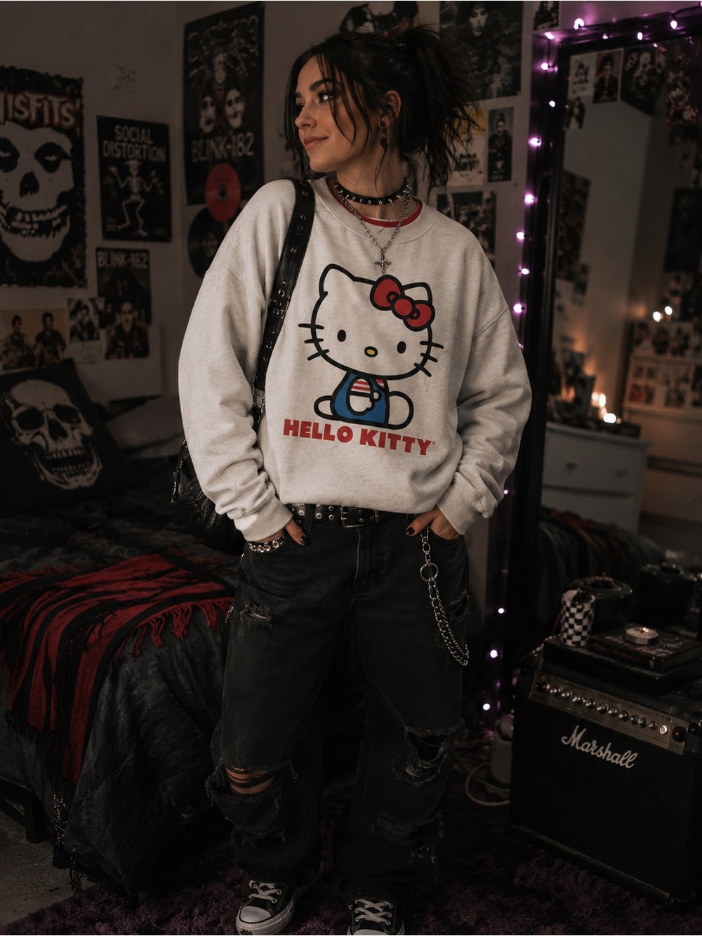 Hello Kitty Sweatshirt White Sanrio Y2K Punk Emo Grunge Graphic Crewneck